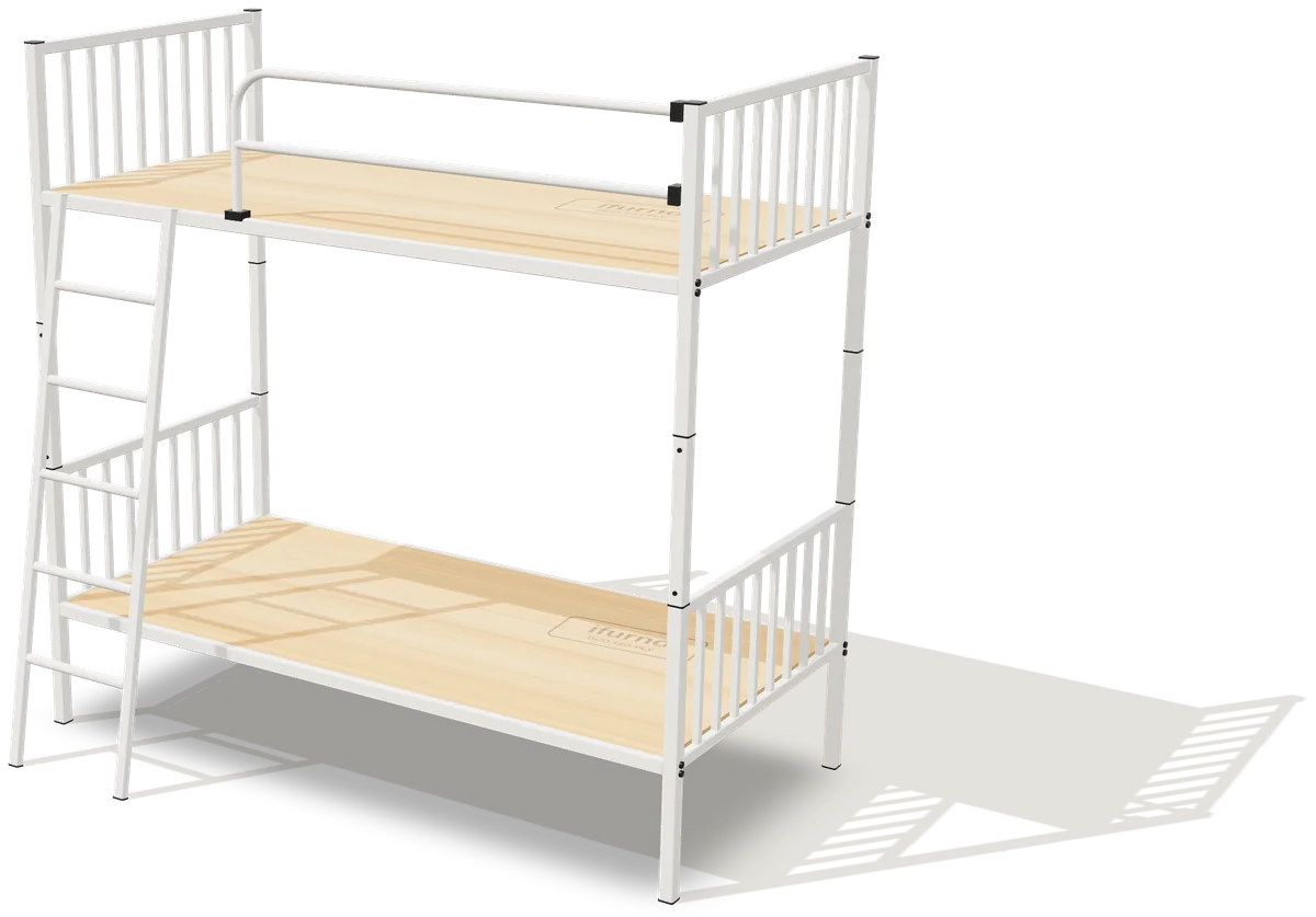 The DUO bed built as a white steel bunk bed with plywood decks, ladder and guard rail