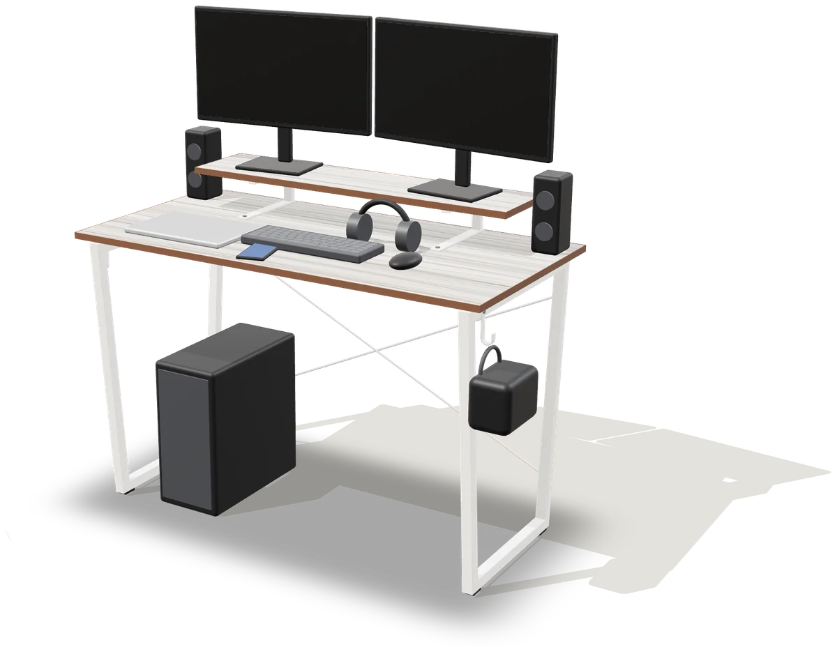 The Trapeez table built, with a monitor riser, two screens, a PC underneath and a bag on the side hook