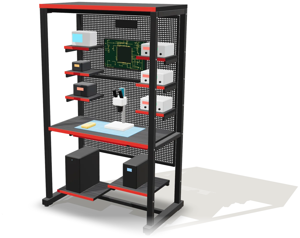 The mobile service workstation built, with its LED canopy, pegboard, shelves and a repair kit in place